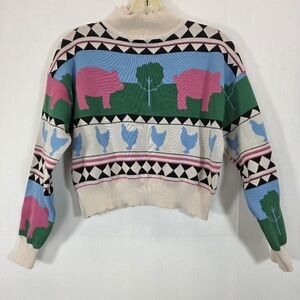 Daisy Street Farm Animal Cropped Sweater - Pink Pigs & Blue Chickens - US L